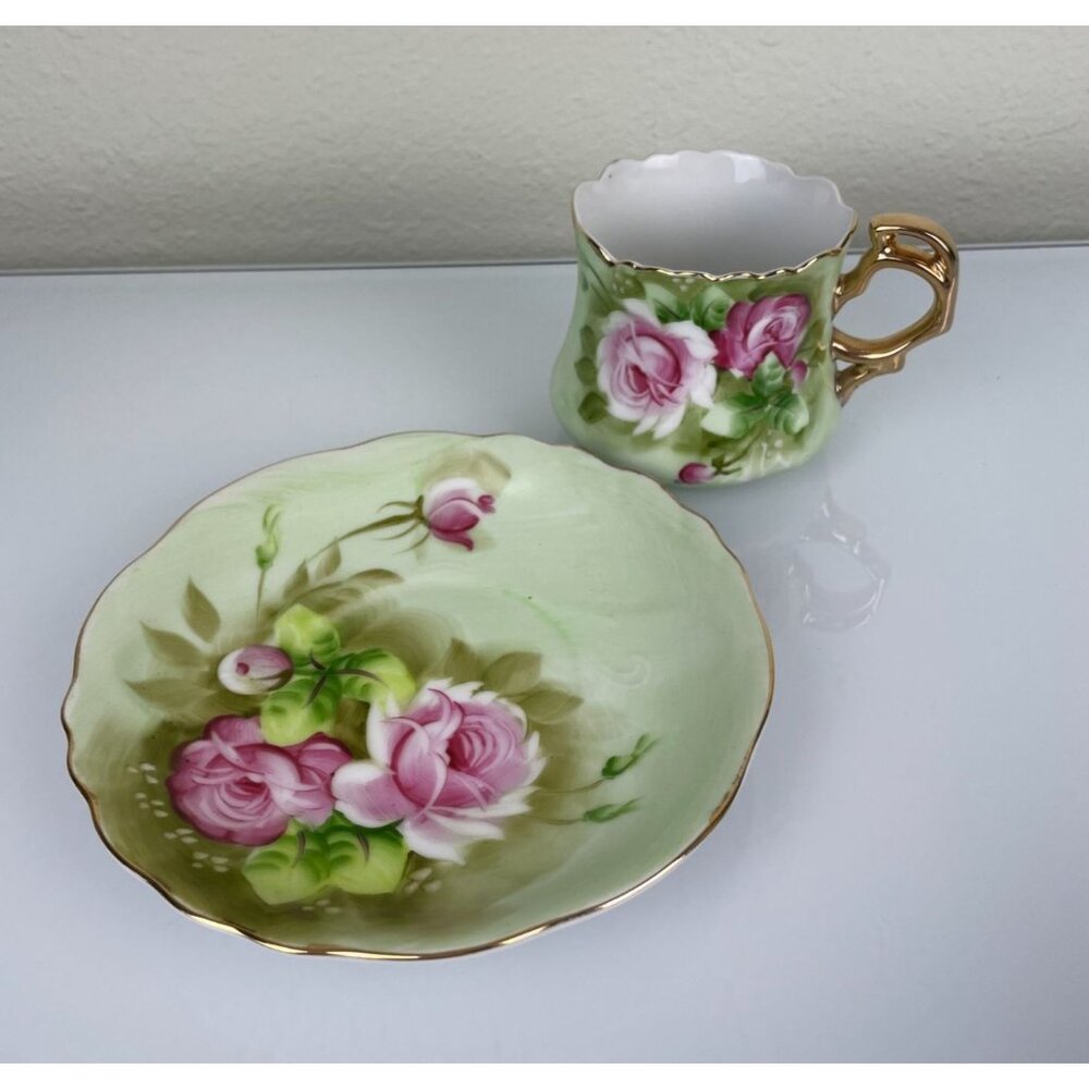 Lefton China Hand Painted Green & Pink Rose Teacup & Saucer Set, Gold Vintage - Picture 5 of 16